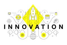 the word innovation surrounded by icons and symbols in yellow, black and white royalty illustration