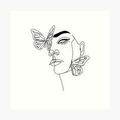 a line drawing of a woman's face with butterflies on her head