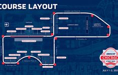 the chicago marathon course layout is shown in red and blue, as well as an image of