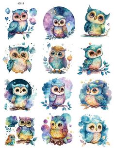 six watercolor owls sitting on top of each other