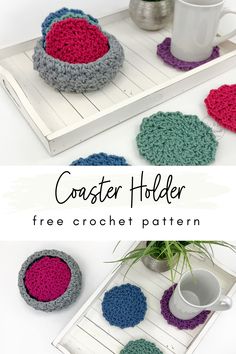 crocheted coasters are sitting on a tray next to a coffee cup and mug