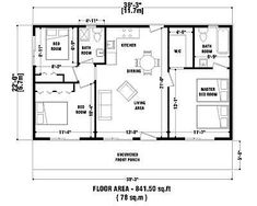 the floor plan for a small cabin with two bedroom and an attached living room area