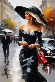 a painting of a woman in a black dress and hat walking down the street with an umbrella