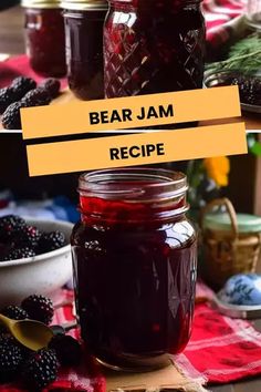 there is a jar of jam on the table with other jars and berries around it