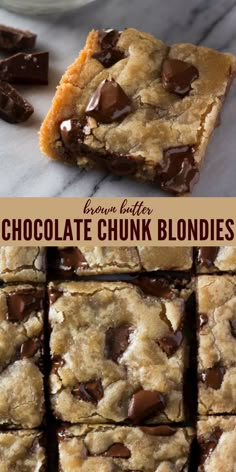 brown butter chocolate chunk blondies are stacked on top of each other and the bottom one is cut in half