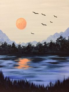 a painting of birds flying over a lake