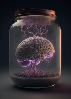 a glass jar with a human brain in it's center and roots coming out of the top