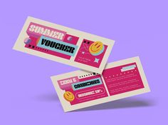 two pink and white tickets with the words summer voucherr on them, against a purple background