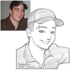 a drawing of a man wearing a hat and smiling at the camera with his head tilted to the side