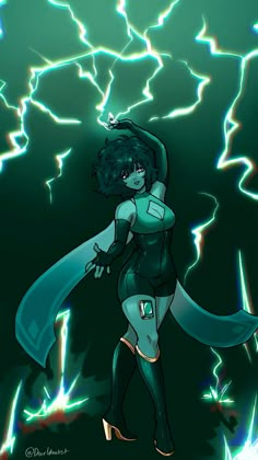 a drawing of a woman dressed in black and green with lightning behind her, she is dancing