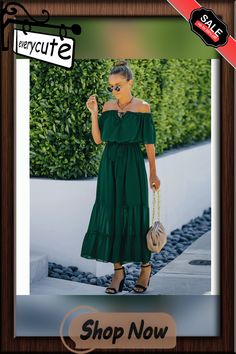 Dark Green Off Shoulder Tie Waist Ruffle Maxi Dress Green Off-shoulder Ruffled Midi Dress, Green Off-shoulder Midi Dress With Ruffles, Ruffle Maxi Dress, Ruffled Maxi Dress, Women Dresses, Maxi Dresses, Dresses Maxi, Dark Green, Off Shoulder