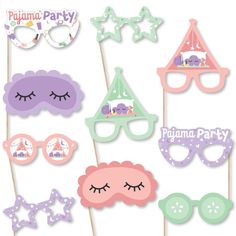 party photo booth props including sunglasses, stars and clouds with the words pulima party on them