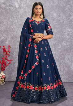 Georgette circular lehenga choli in Navy blue colour 2257  Desc:  Style : Circular Lehenga Choli Color : Navy Blue Fabric : Georgette Work : Embroidery   Sequence Wash Care : Dry clean Sleeve Style : Half Sleeve Long Sleeves : Done only in Custom Stitch Sleeves Lining : Done only in Custom Stitch Bust Size : 32 to 42 Inches Occasion : Festival   Christmas   Diwali   Eid   Engagement   Ceremonial   Baby Shower. With Express Free Shipping and Custom Stitching, Buy Indian Party wedding and bridal L Lehenga Blue, Navy Blue Lehenga, Georgette Lehenga, Party Wear Lehenga Choli, Georgette Dupatta, Blue Lehenga, Lehenga Online, Teal Blue Color, Choli Designs