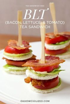 bacon, lettuce and tomato tea sandwich on a white plate with text overlay