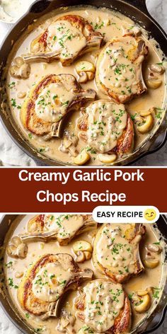 creamy garlic pork chops recipe in a skillet