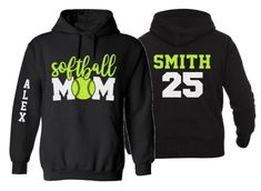 a black softball mom and son hoodies with the words softball mom printed on them