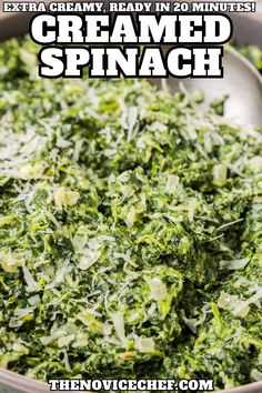 a close up of a bowl of food with spinach on it and the words creamed spinach