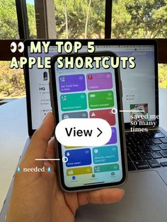 a person holding an iphone in front of a laptop with the text, 39 my top 5 apple shortcuts view