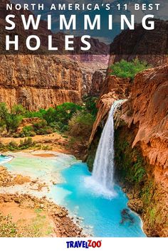 a waterfall with blue water flowing down it's side