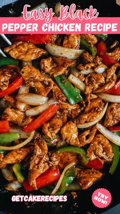 the cover of easy black pepper chicken recipe with peppers and onions in a skillet