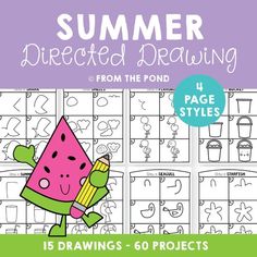 summer directed drawing from the pond for kids to draw and color with watermelon