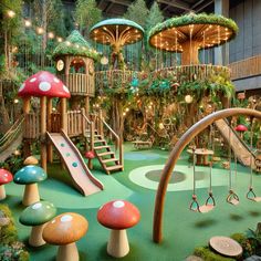 an indoor play area with swings, slides and mushrooms