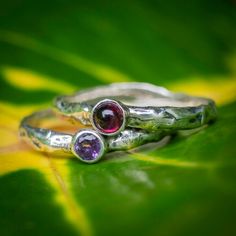 Set of 2 Nature inspired "Pixie" rings, carefully made from sterling silver with natural garnet and amethyst stones and  tree textures. Every detail of these rings are carefully worked out. READY TO BE SHIPPED.You can find this rings separately here:https://www.etsy.com/listing/585372221/sterling-silver-garnet-ring-tiny-ring?ref=shop_home_feat_4These rings are made in 6US size, ready to be shipped. Size can be adapted to needed size, please mark needed size in 'Note' while ordering, or in the 'R Unique Sterling Silver Ruby Birthstone Ring, Silver Stackable Amethyst Birthstone Rings, Unique Amethyst Birthstone Ring For Anniversary, Elven Ring, Nature Inspired Wedding Ring, Branch Tree, Garnet Ring Silver, Twig Engagement Ring, Tree Textures