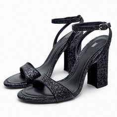 New With Tag Black High Block Heel Sandals With Glitter. Front Strap. Rounded Toe. Buckled Ankle Strap Closure. Heel Height: 3.9 Inches (10 Cm) Airfit. Flexible Technical Sole Made Of Latex Foam Designed To Offer Increased Comfort. Eu39/Us8 Eu40/Us9 Upper 100% Pet Lining 100% Polyurethane Sole 100% Polyurethane Thermoplastic Insole 90% Goat Leather 10% Pet S6 Elegant Chunky Heels, Black Glitter Heels, Rough Heels, Strappy High Heels Sandals, Black Chunky Heels, Elegant Heels, Strappy High Heels, Womens Chunky Heels, Glitter Heels