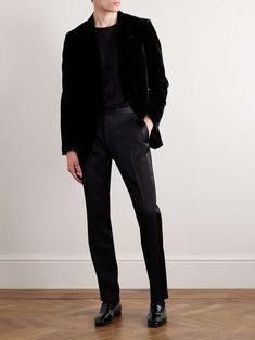 TOM FORD Shelton Velvet Tuxedo Jacket | MR PORTER Tom Ford Velvet Suit, Black Corduroy Suit Men, Goth Wedding Guest Outfit Men, Mens Black Cocktail Attire, Full Black Tuxedo For Men, All Black Cocktail Attire Men, Velvet Outfit Men, Black Party Wear Men, High Fashion Mens Suit