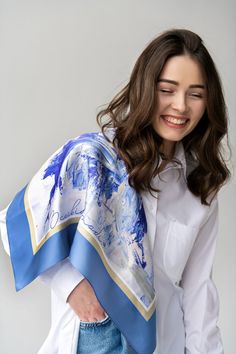 Blue Shoulder Silk Scarf 'skyline/ Ukrainian - Etsy Egypt Blue Silk Scarf As Gift, Artsy Blue Silk Scarf Gift, Traditional Blue Silk Shawl Scarf, Bandana Neck Scarf, Silk Head Wrap, Luxury Blue Silk Scarf, Artistic Blue Silk Scarves, Blue Silk Scarf, Silk Scarf Hair