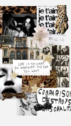 the collage has many different pictures and words on it, including an image of a woman's face