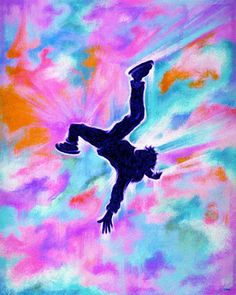 a painting of a man falling off his skateboard into the air with colorful clouds in the background