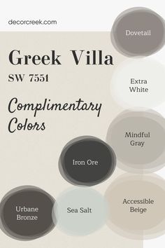 Complimentary Colors for Greek Villa SW 7551 Paint Color by Sherwin Williams Dark Beige Exterior House Colors, Dovetail Paint Color, Greek Villa Sherwin Williams Palette, Sherwin Williams Greek Villa Palette, Greek Villa Sw Exterior, She Twin Williams Greek Villa, Greek Villa Paint Palette, Evergreen Fog And Greek Villa, Wordly Gray Cabinets