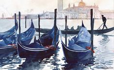 watercolor painting of gondolas in front of a cityscape with buildings