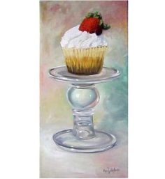 a painting of a cupcake on a glass plate with a strawberry on top and white frosting