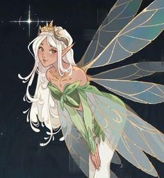 a fairy with white hair and green wings