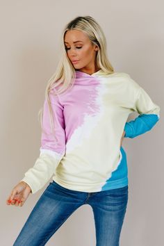 Fit is true to size. Loose Fit Sizing: Small 0-4 Medium 6-8 Large 10-12 XL 14-16 2XL 16-18 Comes in: Multicolor, Pink & Blue Models are wearing a size small. 95% Polyester + 5% Spandex Dye Hoodie, Stylish Jackets, Tie Dye Hoodie, Pink Hoodie, Hoodies For Sale, The Line, Pink Blue, Casual Looks, Color Blocking