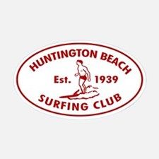 a white and red sticker with the words hunting beach surfing club