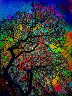 an abstract painting of a tree with colorful leaves on it's branches and multicolored background