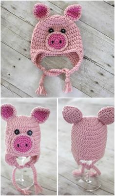 crocheted pig hat and wine glass holder set in pink with ears on top