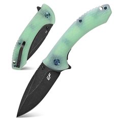 two green knives with black handles and blue eyes on them, one is opened to show the inside of the blade