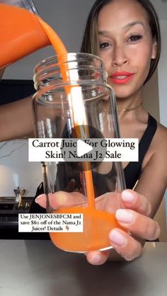 a woman is pouring orange juice into a mason jar with the words carrot juice glowing skin