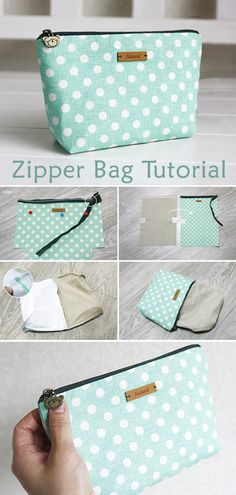 the zipper bag is made with polka dot fabric