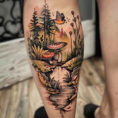 Unique Nature Tattoos Tattoo Drafts Mushroom Inspired Tattoos, Forest Creature Tattoo, Fairy Door Tattoo, Nature Tattoo Color, Forest Sleeve Tattoo Women, Forest Tattoos Women, Botanical Leg Tattoo, Boho Tattoos For Women