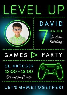 a poster for a game party with the words level up and 7 games on it