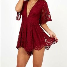 Nwt Never Worn. Cute Sexy Wine Colored Romper From Showpo. Size 6 (Medium) Red V-neck Dress For Going Out, Burgundy Mini Dress For Summer Night Out, Chic Burgundy Mini Dress For Summer, Summer Burgundy V-neck Mini Dress, Burgundy V-neck Mini Dress For Summer, Burgundy Mini Dress For Summer Cocktail, Chic Red Lace Mini Dress, Lace Romper, Wine Colored