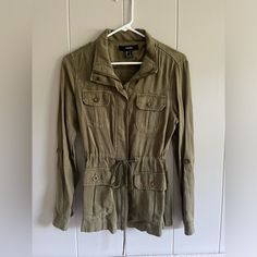 This Forever 21 Army Style Zip Up Jacket With Added Cinched Waist Tie Detail Is Super Fun And Works Great With Denim And Ankle Boots. Never Worn. Fitted Casual Outerwear By Forever 21, Casual Work Outerwear From Forever 21, Casual Outerwear From Forever 21, Casual Forever 21 Outerwear For Work, Forever 21 Casual Button-up Outerwear, Casual Button-up Outerwear By Forever 21, Casual Forever 21 Outerwear With Pockets, Forever 21 Casual Outerwear With Pockets, Forever 21 Casual Long Sleeve Outerwear