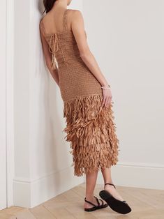 FARM RIO Cutout fringed raffia midi dress | NET-A-PORTER Chic Knee-length Midi Dress With Fringe, Chic Knee-length Fringe Midi Dress, Chic Midi Dress With Fringe, Vacation Midi Dress With Tassels, Knee-length Fringe Midi Dress For Summer, Chic Fringe Midi Dress For The Beach, Fashion Samples, Summer Mini Skirt, Crochet Dresses