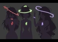 three women with hats and neon lights on their heads are standing in front of each other