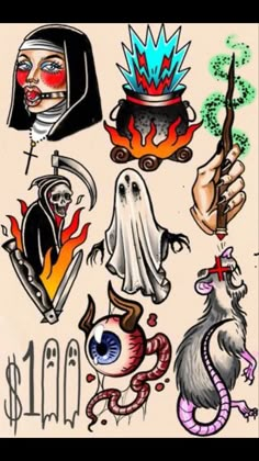 various halloween tattoos on a white background